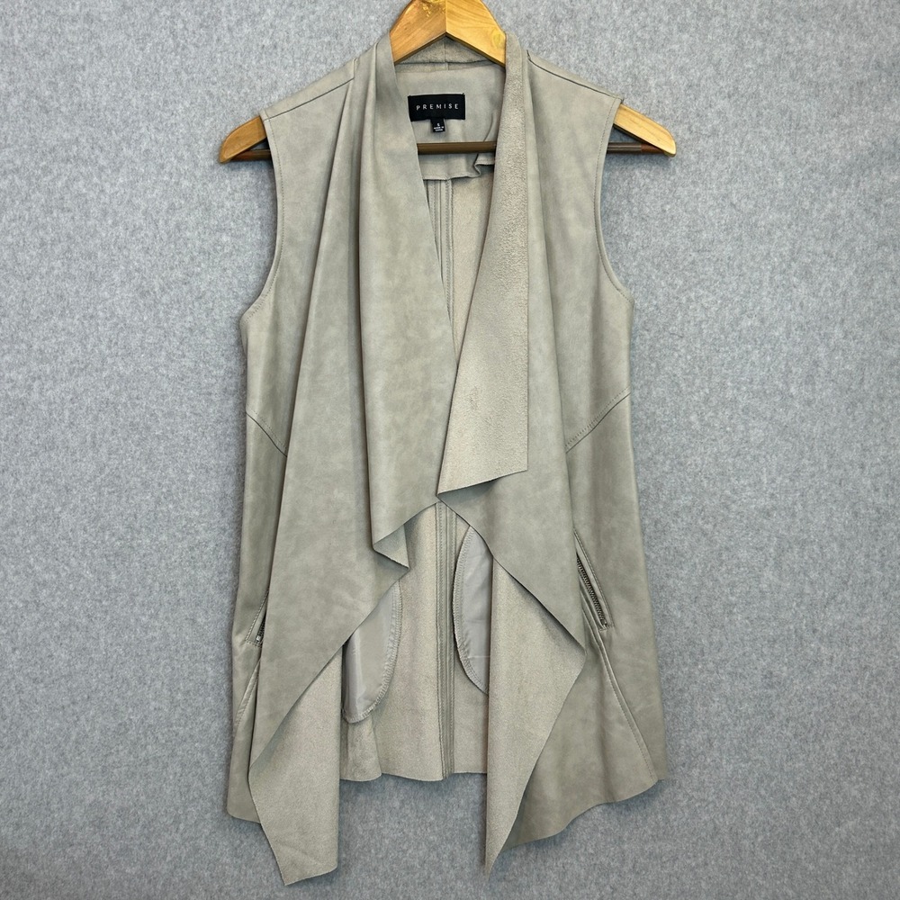 Premise Vest Grey Faux Leather Open Drape Front Pockets Biker Edgy Womens Small